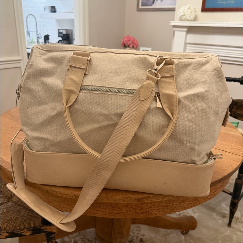 BEIS Cream Canvas Travel Weekender with Tan Trim